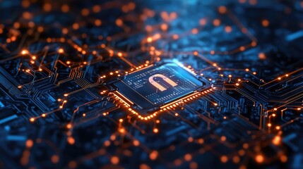 Wall Mural - illuminated circuit board with a central chip displaying a padlock symbol in orange light