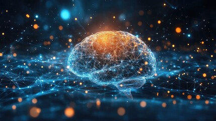 Wall Mural - a glowing brain with neural network connections and orange bokeh lights in a dark blue background