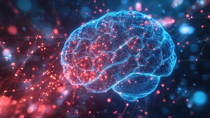 Wall Mural - digital brain with glowing network connections and red and blue light particles around it