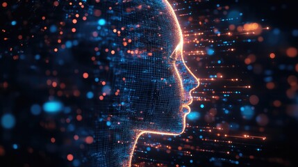 Wall Mural - digital human profile with blue and orange particle streams against a dark background design concept