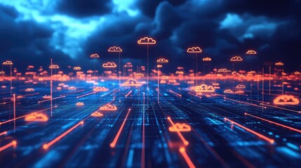 Wall Mural - a digital landscape with orange cloud icons and lines against a blue and dark cloudy background