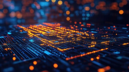 Wall Mural - abstract glowing circuit board design with orange and blue lights in a dark environment