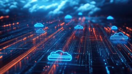 Wall Mural - a digital landscape with glowing clouds and circuit patterns in blue and orange hues on a dark backg