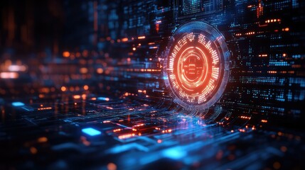 Wall Mural - abstract technology background with glowing circle and circuit board like design elements