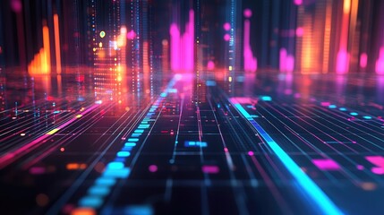 Wall Mural - abstract background showing an illuminated grid with pink and blue vertical lights above it
