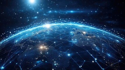 a stylized earth with interconnected network lines and glowing points in a dark space background