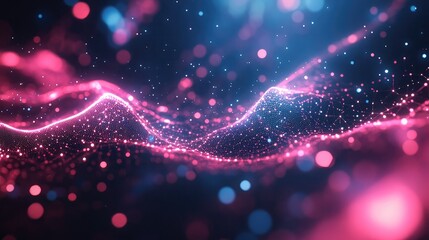 Wall Mural - abstract digital landscape with pink and blue glowing particles on a dark background creating depth