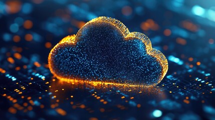 Wall Mural - a digital cloud formation with orange outline on a dark blue technological surface with glowing dots