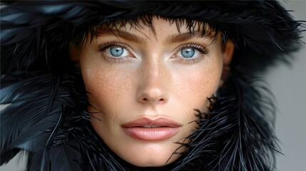 Wall Mural - woman with blue eyes and a tan complexion is wearing a black hat with feathers. the hat covers her f