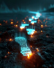 Footsteps made from binary code trailing through a landscape, concept of data trails and online presence 