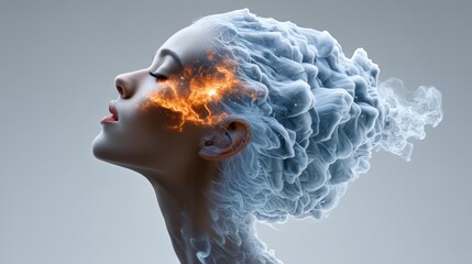 Wall Mural - woman's face is shown with a fire in her eyes. the fire is surrounded by smoke, and the woman is sle