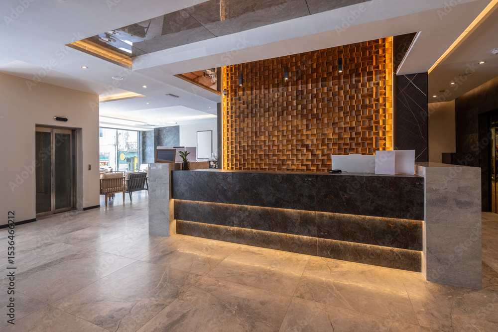 Modern hotel reception with wooden wall 素材庫相片 | Adobe Stock