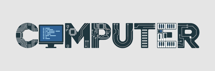 Computer text with circuit board, monitor, and keyboard design on white background – Ideal for tech education, software promotions, or modern digital branding
