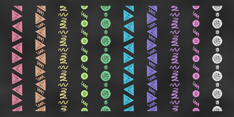 Wall Mural - Set of Vertical Seamless Colorful Borders Chalk Drawn Sketches on Black Background.