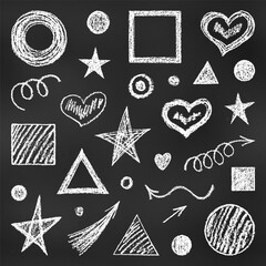 Wall Mural - Realistic Chalk Drawn Sketch. Set of Design Elements Children's Figures Isolated on Chalkboard Backdrop.