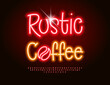 © Popskraft - Vector Glowing signboard Rustic Coffee with Neon Bean. Led Light Font. Playful Electric Alphabet Letters and Numbers set.