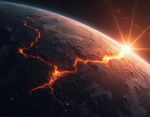 Wall Mural - Illustration of Earth with fiery crack, illustrating tectonic activity under starry sky. Shows dramatic scene of planetary disruption, with glowing lava fractures across globe under bright, celestial