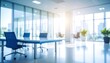 © Bounpaseuth - Blurred modern office interior with glass walls and a blue table in blurred motion, high-key color grading, soft shadows, low contrast, clean sharp focus,