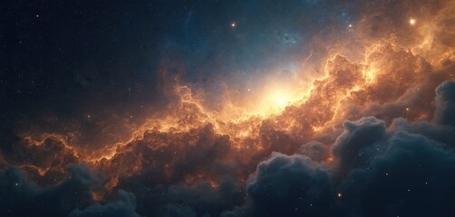 Wall Mural - Cosmic nebulae swirl with golden hues against dark, starry expanse. Intricate filaments of light dance through vast space. Great for science, astronomy, space exploration, and background.