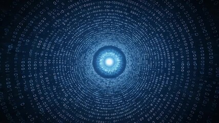 Data stream Tunnel vision of binary code converging to a light. Dark blue hue