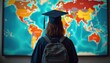 © Vadym - Graduate student wearing cap gown, backpack stands before world map. Student considers global career, international opportunities. Education path represents youth, ambition, success, future.