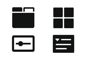 Solid UI Design Icons. Solid style icons of user interface design: tab layout, grid view, interface slider, component icon. Solid