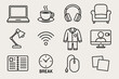 © Bohdan - Simple office icons: laptop, coffee, headphones, chair, lamp, wifi, pajamas, video call, notebook, clock, mouse, sticky notes
