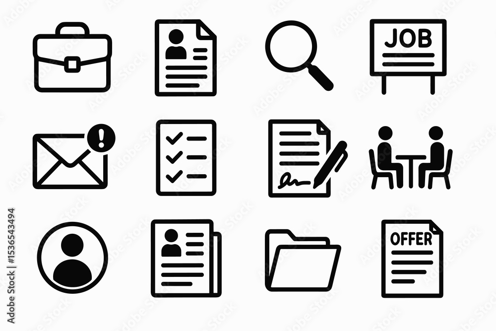 Job search icons: briefcase, resume, interview, application process ...