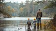 © candramawa - Father and his two young sons enjoy a fall day fishing by a tranquil lake in the woods