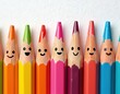 © Vadym - Colorful pencils with happy faces arranged in a row. Vibrant pencils with smiling faces for art school education. Ideal for children. Educational supplies creative fun and joy.