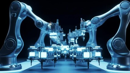 Robotic arms working in a futuristic factory with blue lighting and dark background