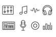 © Tanya - Music Creation Icons. Line style icons for music creation: mixing console, music note, sound wave, headphones, synthesizer,