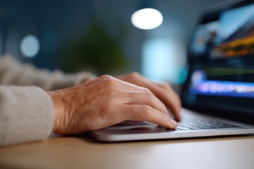 person editing video content on a laptop with software interface visible