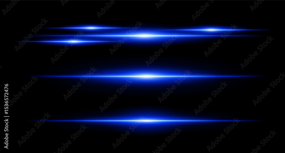 Horizontal blue flare beams in stacked layout on dark background with ...