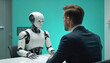 © Vadym - Robot conducts job interview with human candidate. Artificial intelligence assesses potential employee. Future of tech, automation, hiring process, workplaces, employment. Innovation, digital skills