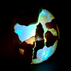 Wall Mural - A cracked and luminous object reveals a mesmerizing glow of blue and orange hues of opal. The contrast between the dark background and the glowing interior creates a mysterious and captivating effect.
