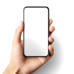 smartphone held in hand, with a blank screen, ideal for app development and marketing projects.