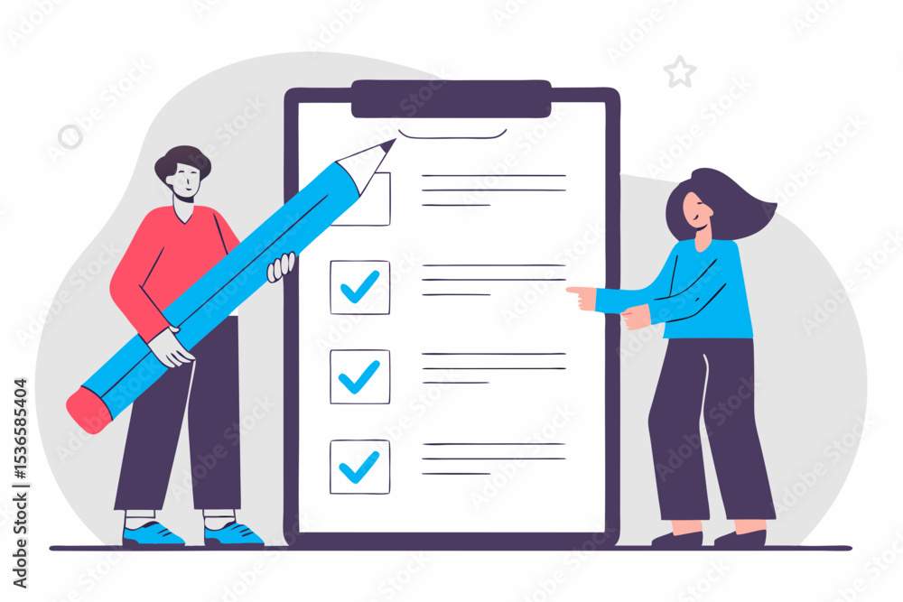 Cartoon Checklist Fill In Character holding pencil and filling big checklist. Woman putting check ...