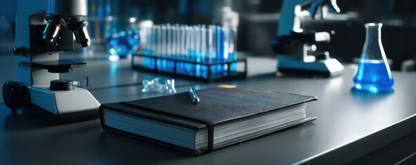 close-up of black notebook with silver edges, surrounded by microscopes and lab tools, blue lighting