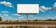 ©  BG stock - suburban area billboard next to quiet train tracks, no trains in motion, wide angle view, grass and gravel surface, white billboard surface pristine, slight vignette for contrast, light cloud