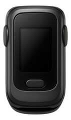 black modern flip phone with a small display screen and buttons on transparent background.