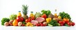 © Vadym - Fresh organic food assortment on white background. Healthy eating, balanced diet concept. Pile fruits, vegetables, meat, juice bottles. Vitamins, nutrition, cooking ingredients, supermarket goods.