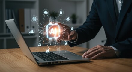 Businessman touches an ai interface on a laptop screen with cloud and security icons