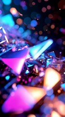 Abstract geometric background with illuminated triangles and bokeh circles in blue, purple, and pink on a black background