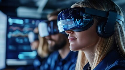 Wall Mural - software engineers working with virtual reality headsets in monitoring room