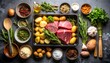© Isman - Flat-lay of Sunday Roast ingredients: raw beef, potatoes, herbs, veggies, spices, and roasting tools arranged on kitchen counter under soft lighting. Editorial food prep, cozy kitchen vibe.