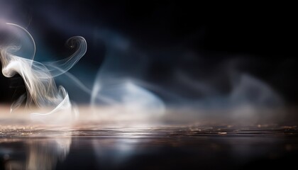 Wall Mural - ethereal white smoke swirl rising over dark moody surface with soft reflections and blurred gradient