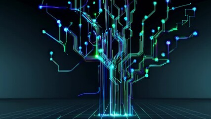 Wall Mural - complex network of glowing electronic circuitry forming the shape of a tree, symbolizing technologic