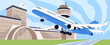 © Paper Trident - Airplane flight. Aircraft flies, landing on runway. Airport building and plane on airstrip. Airliner arrives on airfield from travel. Aerodrome with aeroplane, terminal tower. Flat vector illustration