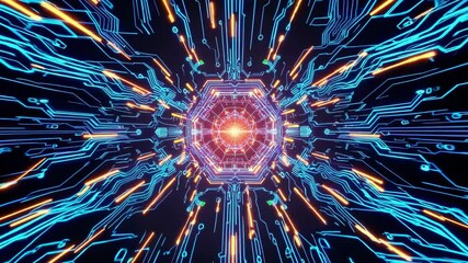 Wall Mural - glowing blue and orange lines of data flow through a futuristic circuit board tunnel, creating a vib
